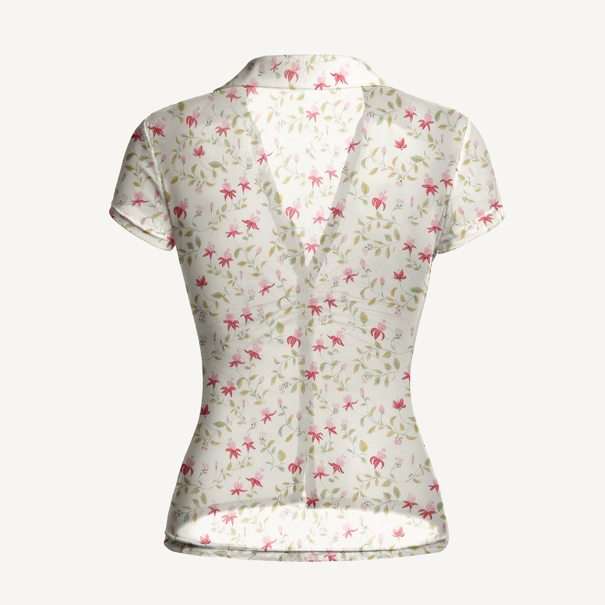 V-Neck Short Sleeve Ruby Vine Print Mesh Top