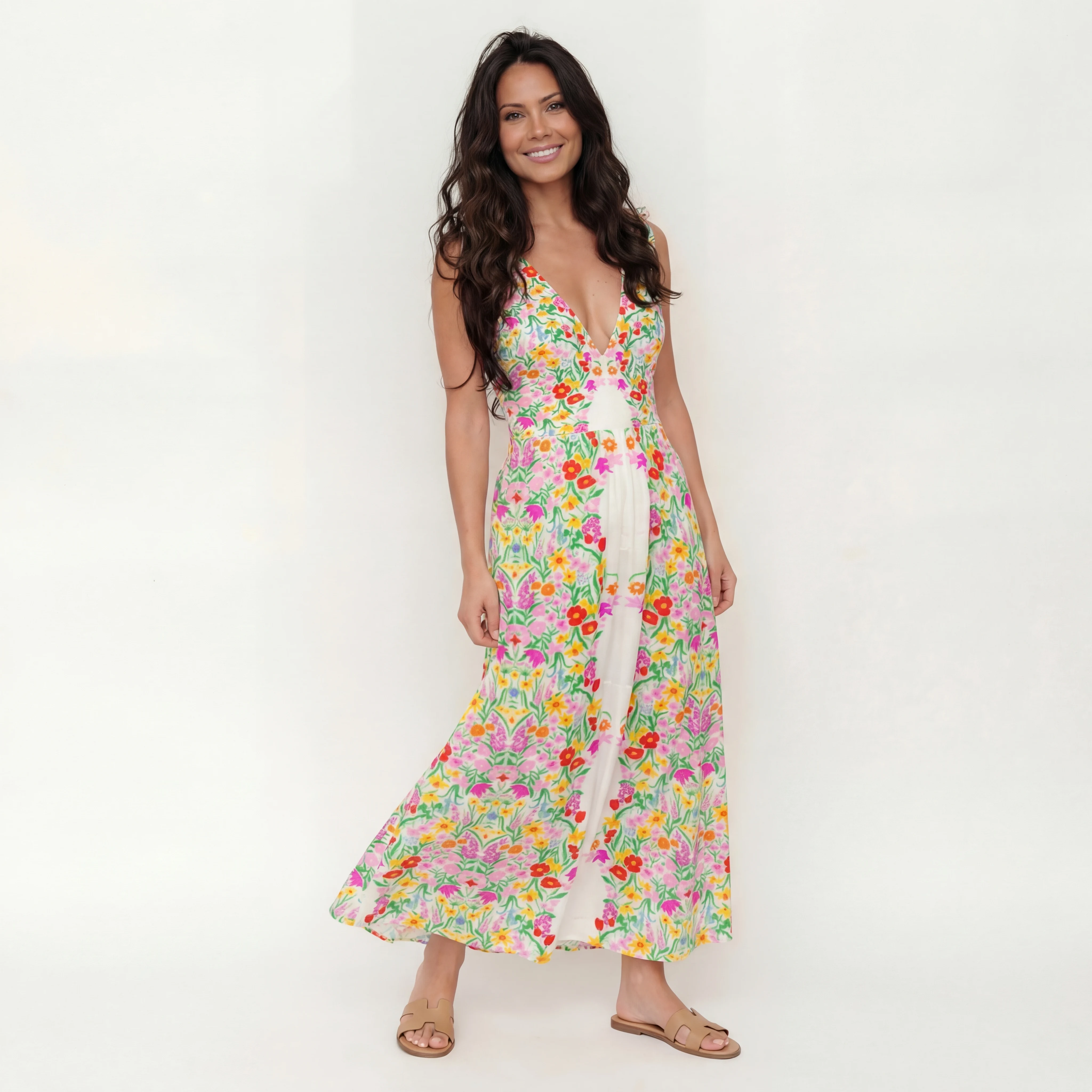 Elegant Garden Ruffled V Neck One Piece Swimsuit and Matching Midi Skirt Set