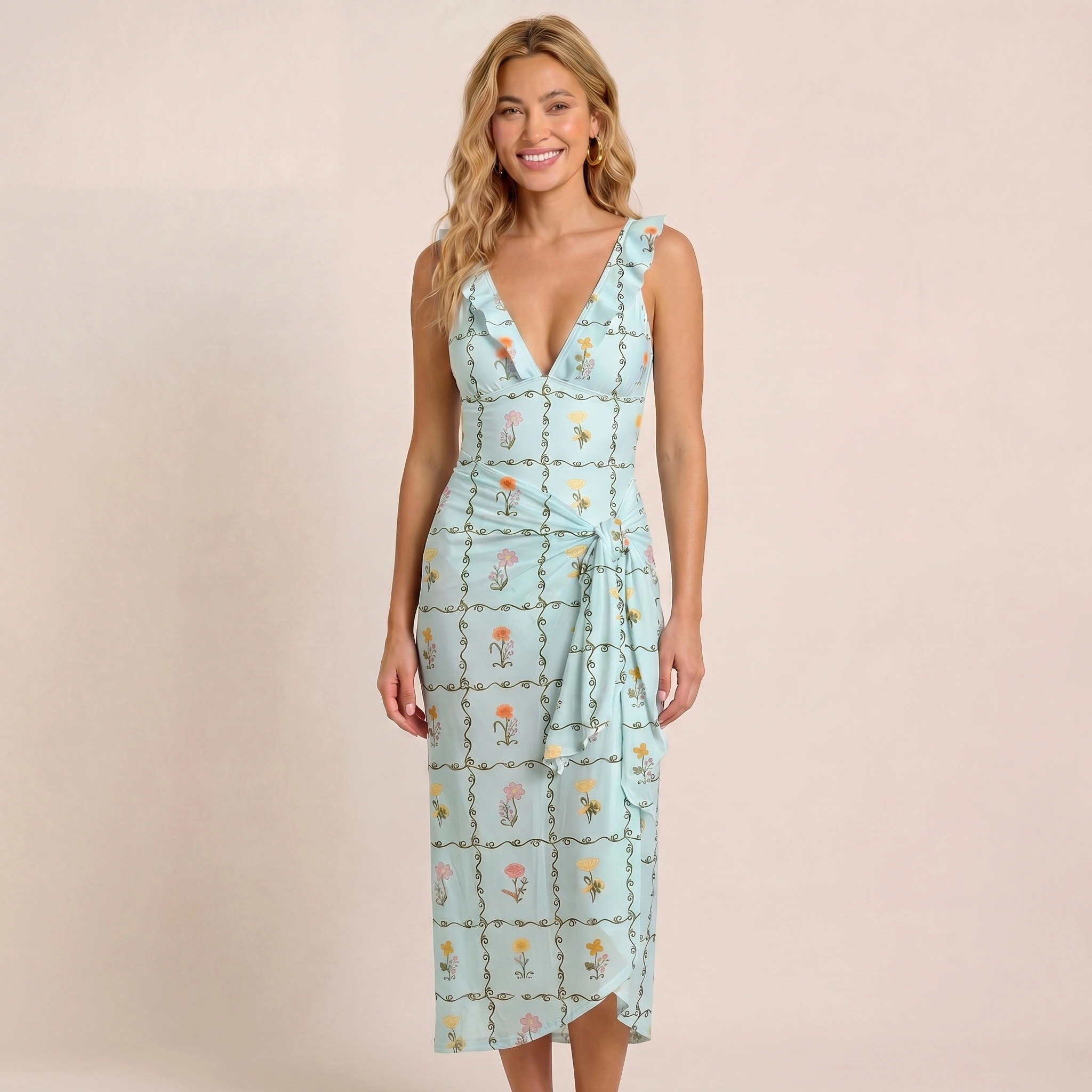 Sunny Garden Tiles One Shoulder One Piece Swimsuit and Matching Sarong Set for Women